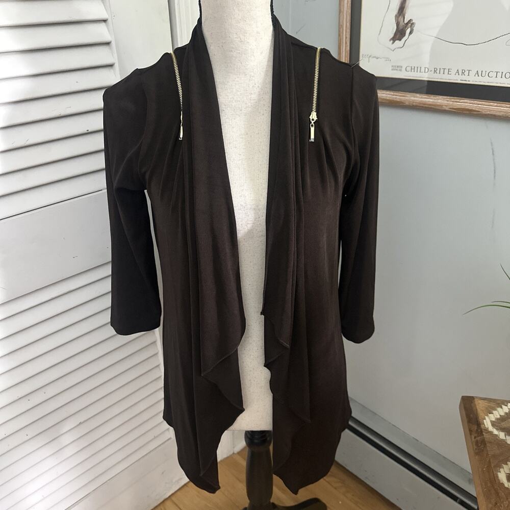 Chicos Travelers 0 Jacket Womens Small Brown Zipper Detail Open Slinky Travel